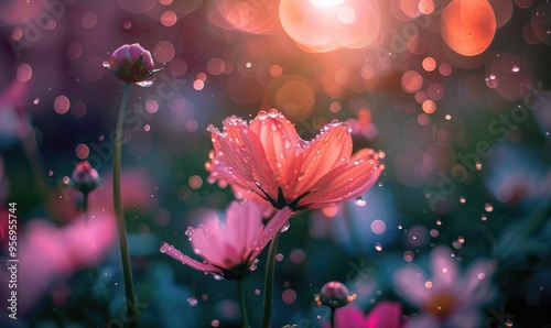 Delicate pink flowers covered in water droplets stand out against a dreamy background filled with bokeh lights, capturing the essence of nature's beauty and tranquility