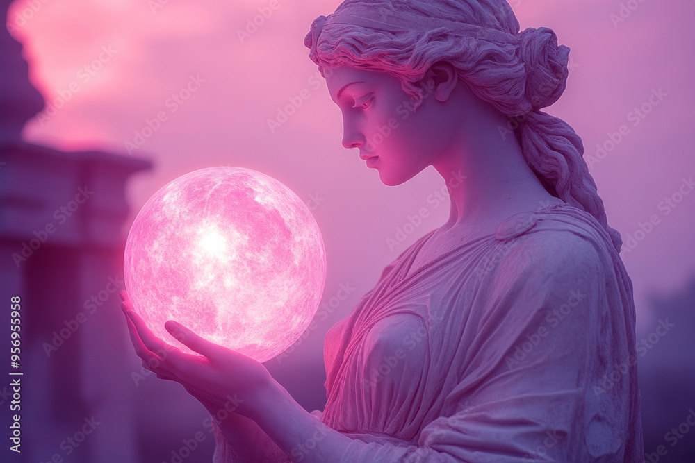 Naklejka premium A surreal image of a Greek goddess statue holding a glowing orb, with light rays emanating from it, isolated on a pastel lavender background,