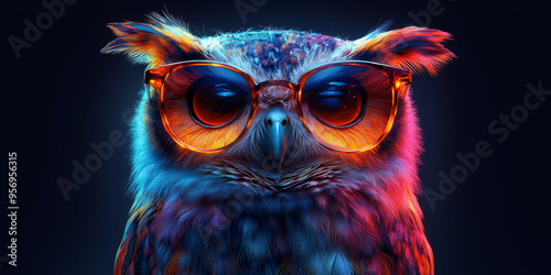 A colorful owl wearing stylish glasses, glowing in vibrant shades of blue and orange.