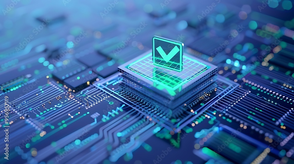 Futuristic circuit board with holographic checkmark, symbolizing digital approval, technology innovation, and cybersecurity verification. Futuristic circuit board with holographic checkmark, symbolizing digital approval, technology innovation, and cybersecurity verification.