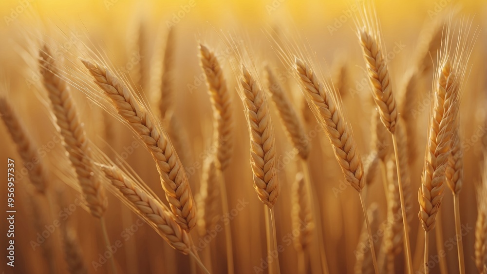 A row of yellow wheat stalks on a yellow background. A row of yellow wheat stalks on a yellow background.