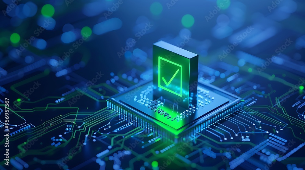 Futuristic computer chip with digital checkmark symbolizing secure and verified technology in a glowing green and blue circuit board.