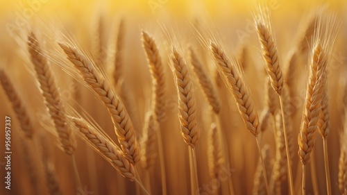 A row of yellow wheat stalks on a yellow background.