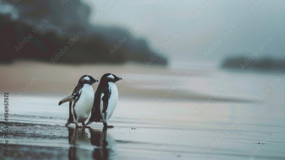 Naklejka premium A pair of penguins walk side by side along a misty, serene shoreline, their black and white feathers contrasting with the muted tones of the foggy, coastal landscape.