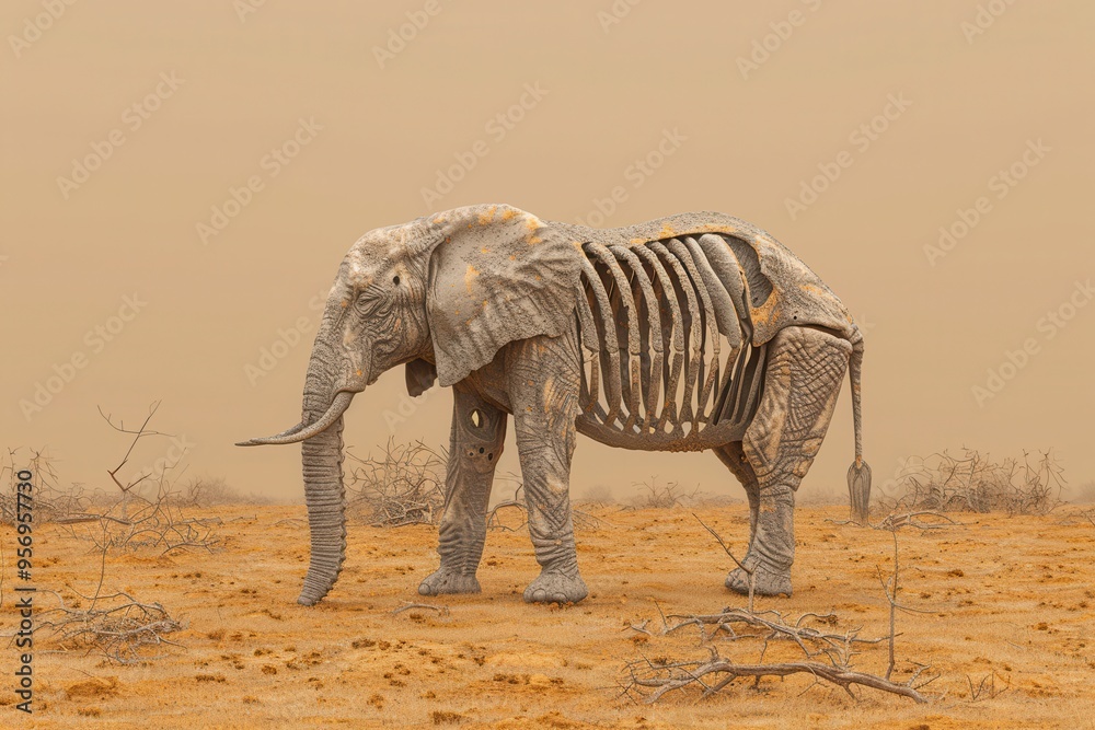 Fototapeta premium An emaciated elephant skeleton standing on parched ground
