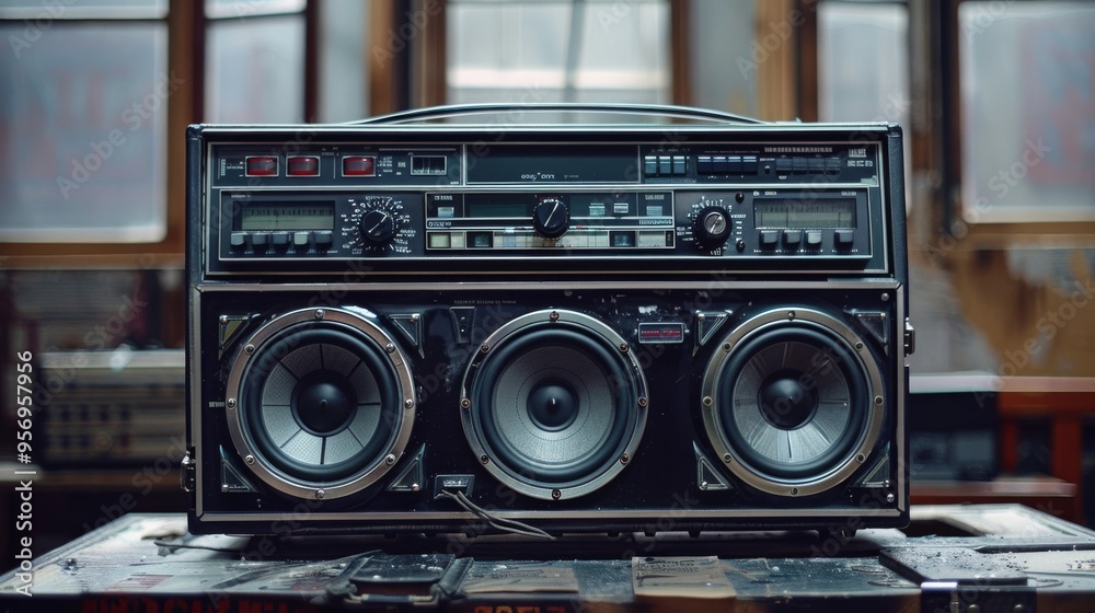 Fototapeta premium A vintage boombox with large speakers prominently displayed on a wooden surface, evoking nostalgia and the charm of retro audio technology.