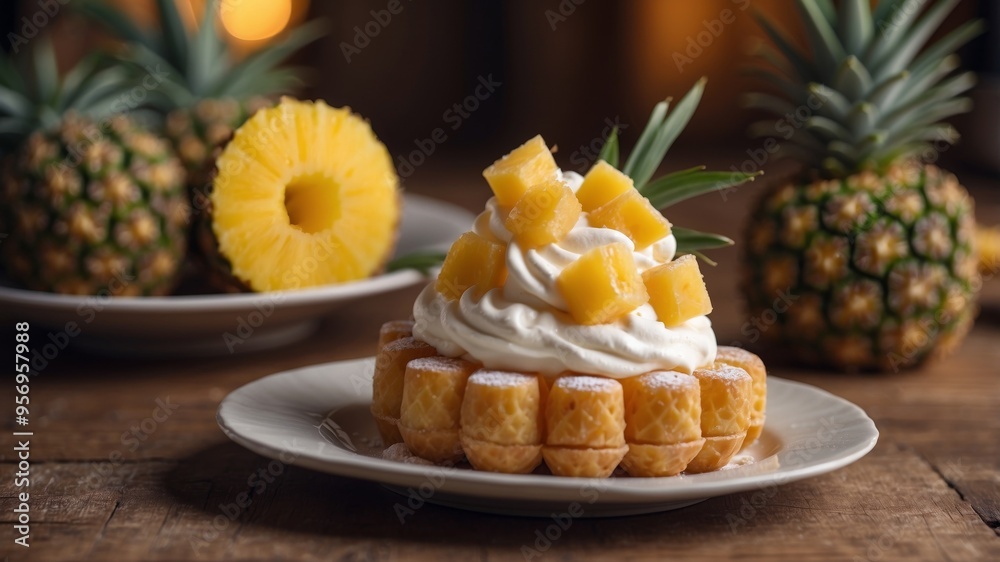 Fresh pineapple tart topped with whipped cream on rustic wooden table. Fresh pineapple tart topped with whipped cream on rustic wooden table.