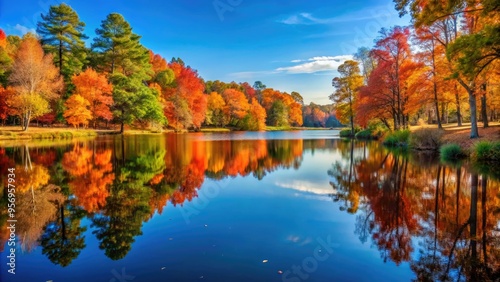 Serene autumnal landscape of Suffolk, Virginia, featuring a tranquil lake surrounded by vibrant fall foliage and majestic trees under a clear blue sky. photo