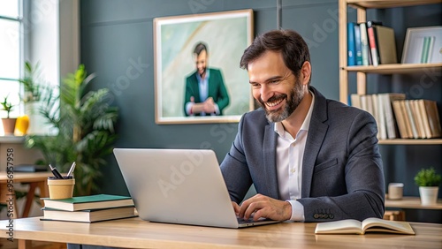 Higher education instructor sitting at a desk with laptop and books, smiling while looking at a computer screen with virtual classroom interface open.