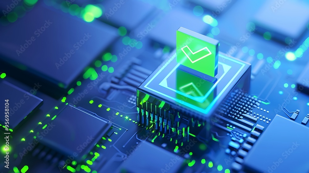 Fototapeta premium Futuristic depiction of cyber security and digital verification represented through a green checkmark on a modern computer chip.
