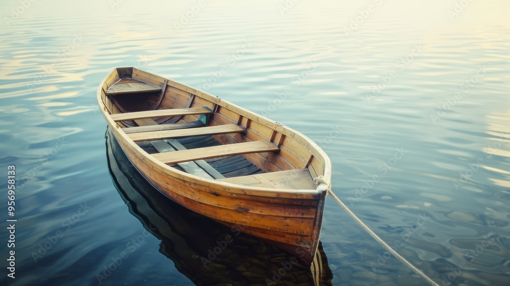 A solitary wooden rowboat floats serenely on still waters, evoking a sense of peace and calm at dawn. A solitary wooden rowboat floats serenely on still waters, evoking a sense of peace and calm at dawn.