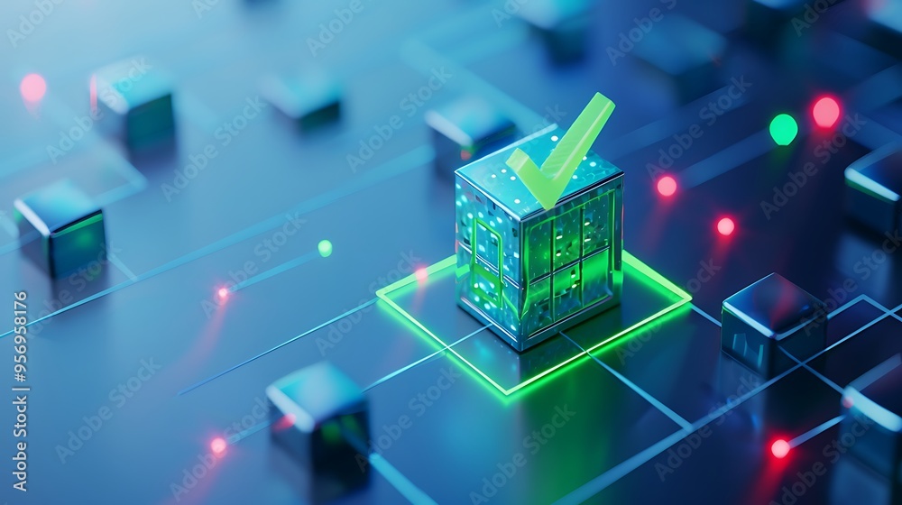 Futuristic digital 3D illustration of a glowing check mark on a cube, symbolizing technology, data validation, and cybersecurity. Futuristic digital 3D illustration of a glowing check mark on a cube, symbolizing technology, data validation, and cybersecurity.