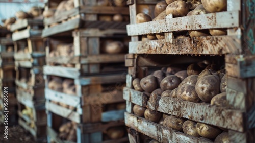 Freshly harvested potatoes packed in worn wooden crates, stacked high at a rustic farm storage area.