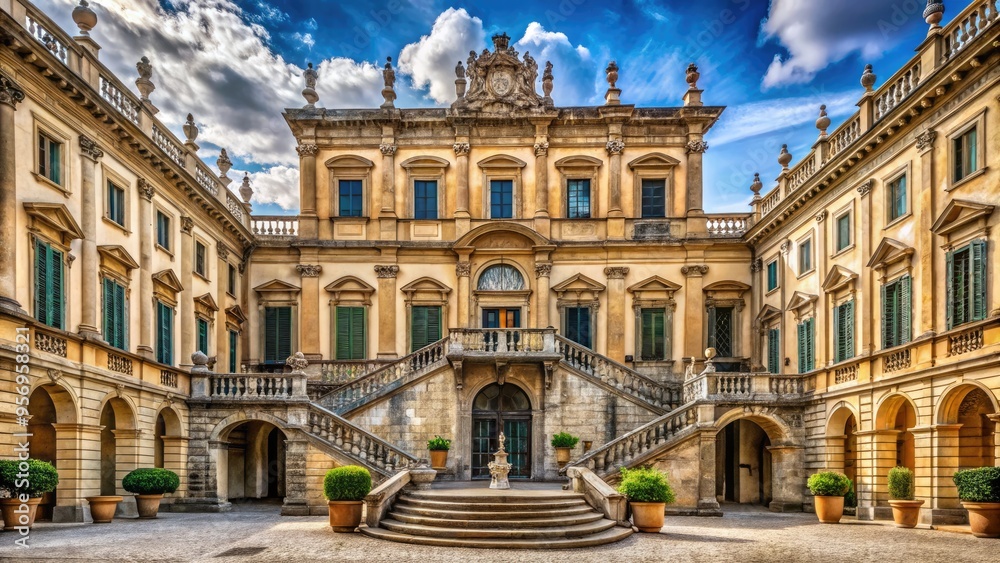 Fototapeta premium Historic Baroque palace in Italy with ornate stone façade, grand courtyard, and majestic staircase, evoking regal elegance and centuries of noble heritage.