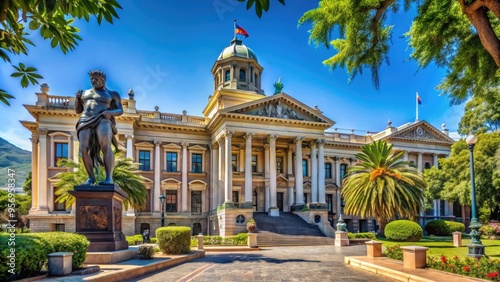 Historic Cape Town parliament building with flags and statue, surrounded by lush gardens and trees, against a bright blue sunny day sky backdrop. photo