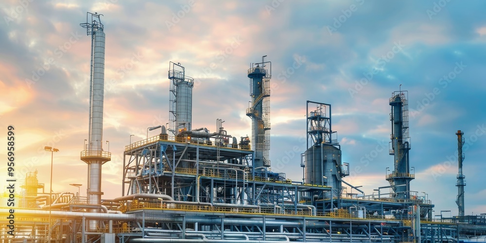 Industrial equipment in a refinery setting, processing oil and gas for energy production Industrial equipment in a refinery setting, processing oil and gas for energy production