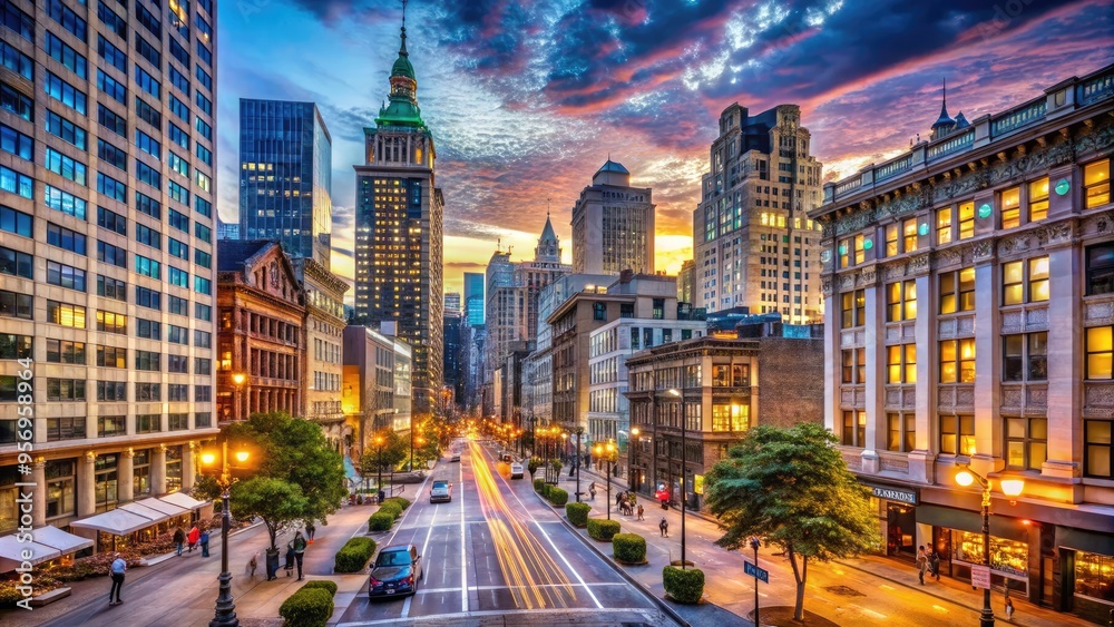Historic urban landscape showcasing iconic skyscrapers, bustling city ...