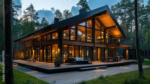 Stunning modern wooden house in loft style with a spacious terrace and outdoor sauna, surrounded by nature. Perfect for luxury living and architectural designs.