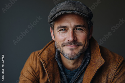 A detailed portrait of a man in his 30s with a friendly smile and dimples, wearing a casual jacket and a cap, isolated on a pastel gray background,