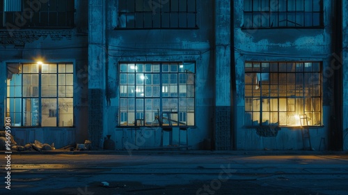 Front of an old, industrial building lit warmly from within at night, revealing its interior structure.