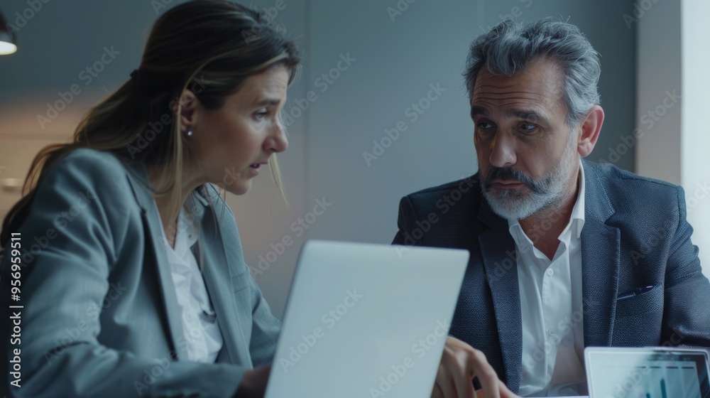 Intense discussion between two business professionals, the focused expressions indicating a critical conversation in a corporate environment. Intense discussion between two business professionals, the focused expressions indicating a critical conversation in a corporate environment.