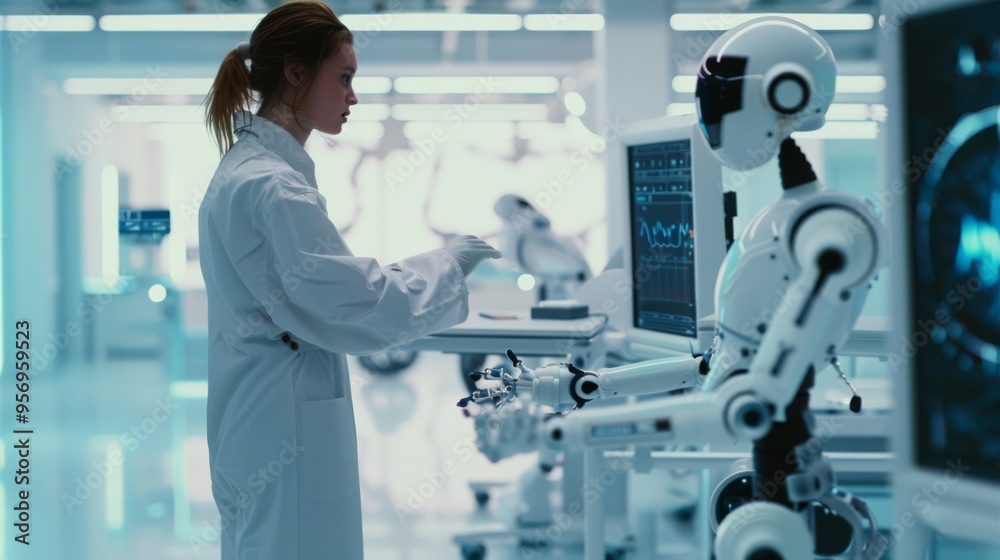 A scientist in a white lab coat interacts with a humanoid robot in a high-tech, futuristic laboratory environment. A scientist in a white lab coat interacts with a humanoid robot in a high-tech, futuristic laboratory environment.