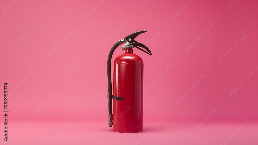 Obraz premium A single fire extinguisher placed against a pink background, highlighting safety equipment in a striking contrast.