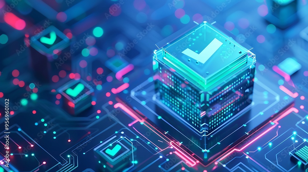 Fototapeta premium Futuristic digital checkmark symbol on neon circuit board, representing technology validation, cybersecurity, and data authentication.