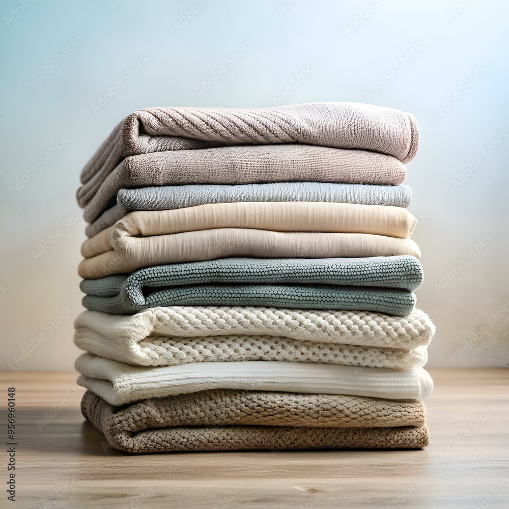 A stack of neatly folded sweaters in various warm colors. creating a cozy and inviting image perfect for home decor. fashion blogs. or any project related to comfort and style. A stack of neatly folded sweaters in various warm colors. creating a cozy and inviting image perfect for home decor. fashion blogs. or any project related to comfort and style.