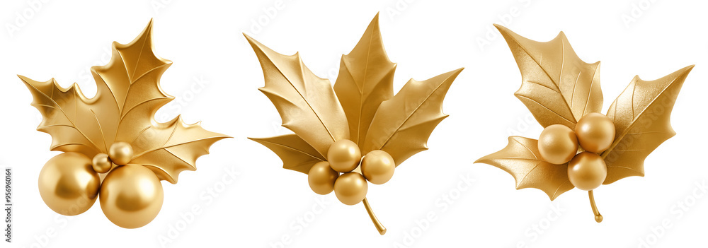 Set of golden Christmas mistletoe holly leaves decorations