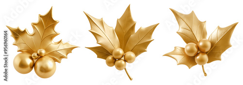 Set of golden Christmas mistletoe holly leaves decorations