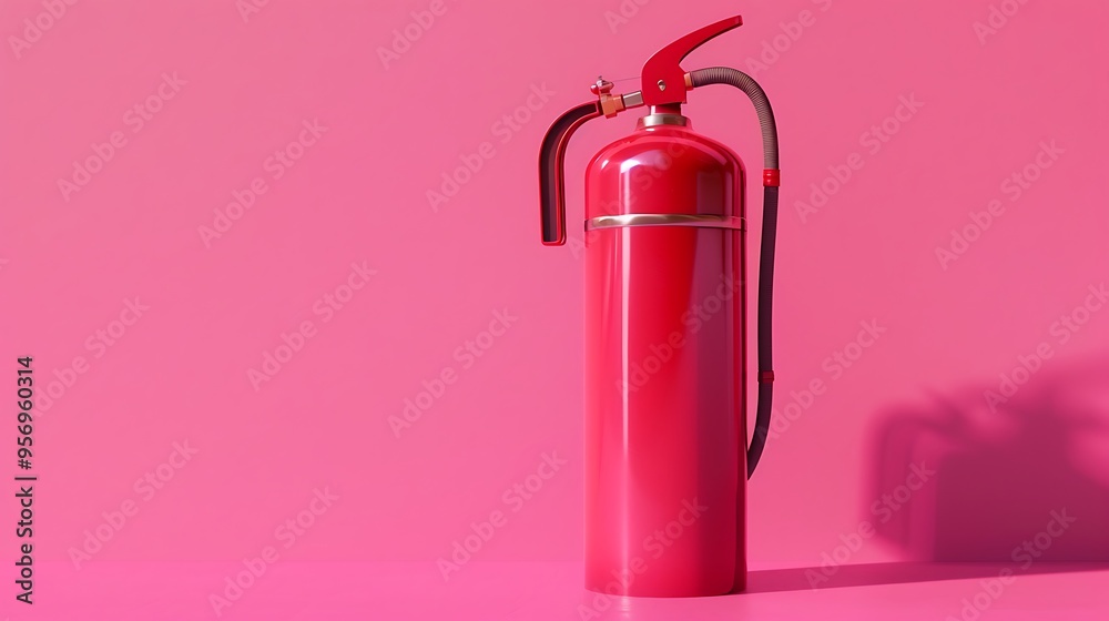 Obraz premium A single fire extinguisher placed against a pink background, highlighting safety equipment in a striking contrast.