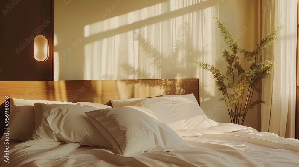 Warm, golden sunlight washes over a neatly made bed in a tranquil bedroom, with soft pillows and sheer curtains, evoking peace and comfort. Warm, golden sunlight washes over a neatly made bed in a tranquil bedroom, with soft pillows and sheer curtains, evoking peace and comfort.