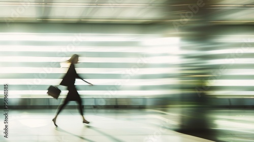 A blurred motion shot of a woman walking briskly with a bag in hand, capturing the dynamic and fast-paced nature of modern urban life.