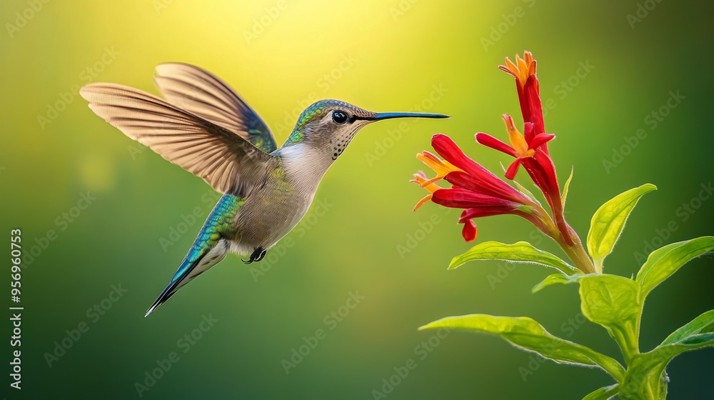 Naklejka premium Hummingbird in Flight with Red Flower - Nature Photography