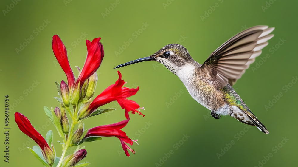 Naklejka premium Hummingbird in Flight with Red Flowers