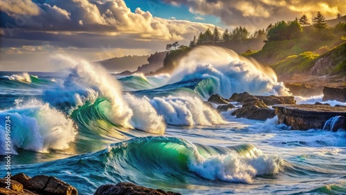 Serenely majestic ocean waves crash against rocky shores, showcasing the intricate beauty and power of the Earth's hydrosphere in a mesmerizing display of aquatic majesty. photo