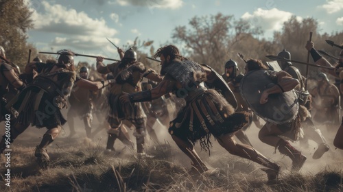 An intense battlefield scene with armored warriors charging, capturing the raw energy and chaos of a historical skirmish under a cloudy sky. photo