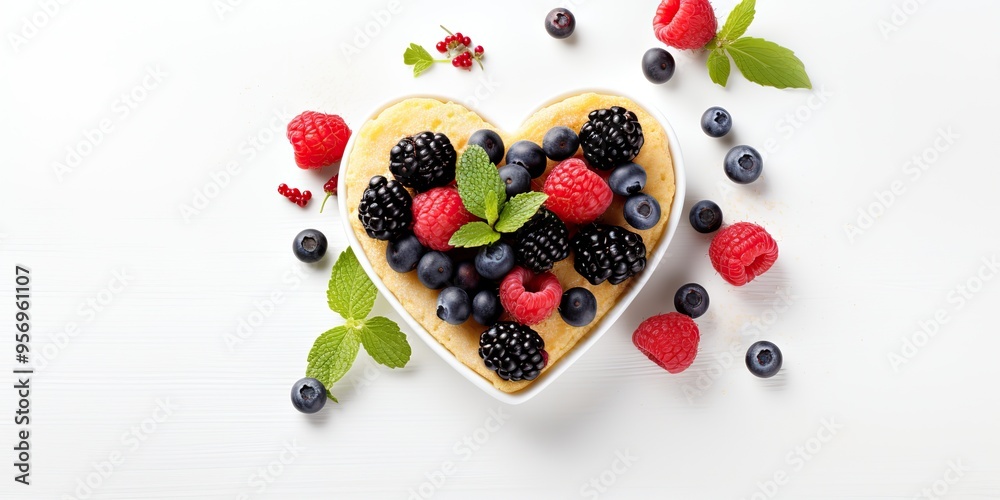 A heart shaped pancake with berries on a white background. Healthy organic food with romantic vibe top view A heart shaped pancake with berries on a white background. Healthy organic food with romantic vibe top view