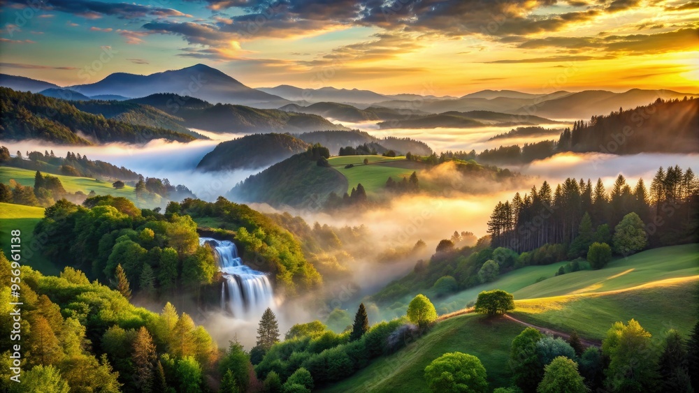 Serene misty dawn breaks over a tranquil valley, with rolling hills, lush green forests, and sparkling waterfalls, set against a majestic mountainous backdrop.