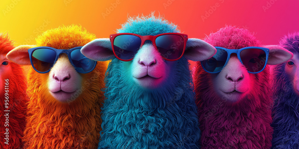 Four sheep wearing sunglasses, each one a different color. The sheep are looking at the camera with a cool and confident expression. Four sheep wearing sunglasses, each one a different color. The sheep are looking at the camera with a cool and confident expression.