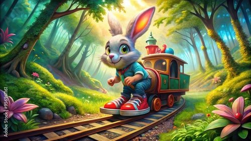 Adorable cartoon rabbit donning colorful sneakers rides magical forest traintracks surrounded lush foliage. photo