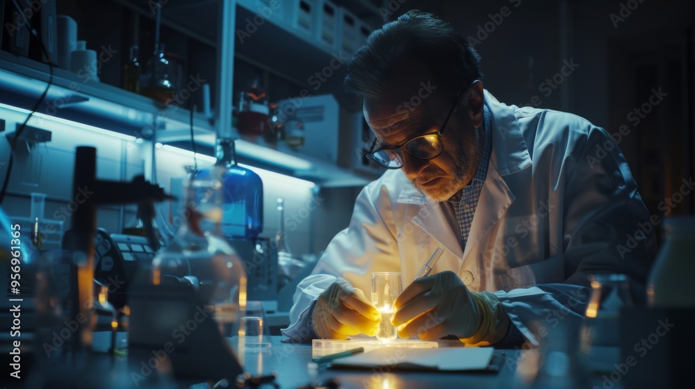 A focused scientist in a dimly lit lab carefully examines a glowing sample, surrounded by various laboratory equipment, evoking intense concentration and discovery. A focused scientist in a dimly lit lab carefully examines a glowing sample, surrounded by various laboratory equipment, evoking intense concentration and discovery.