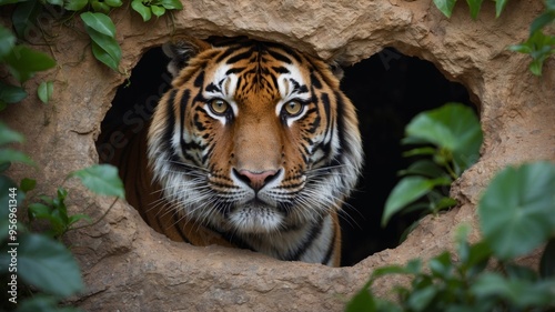 Wild tiger peeking out of green wall hole nature as well as wildlife exploration adventure concept image. photo