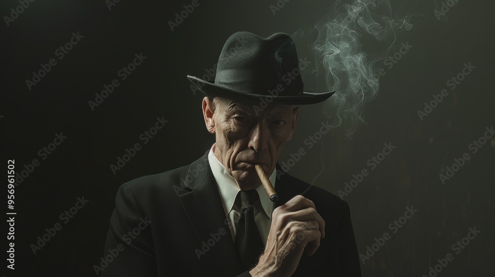 A figure in a dark suit and hat, smoking a pipe in a dimly-lit setting, exuding a sense of mystery and classic noir atmosphere.
