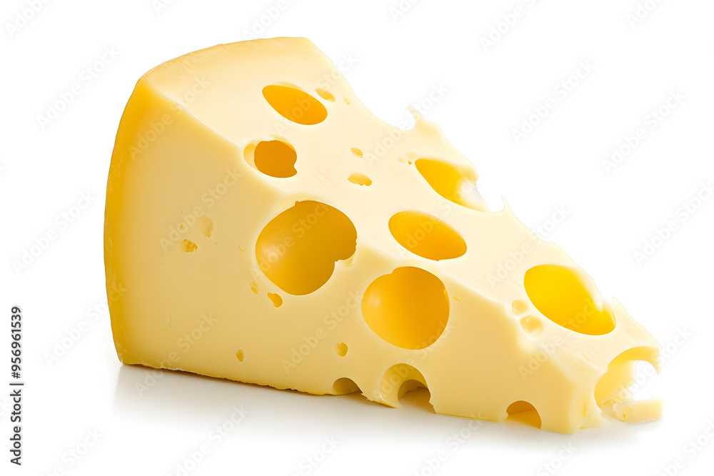 Piece of cheese with holes isolated on white background Piece of cheese with holes isolated on white background