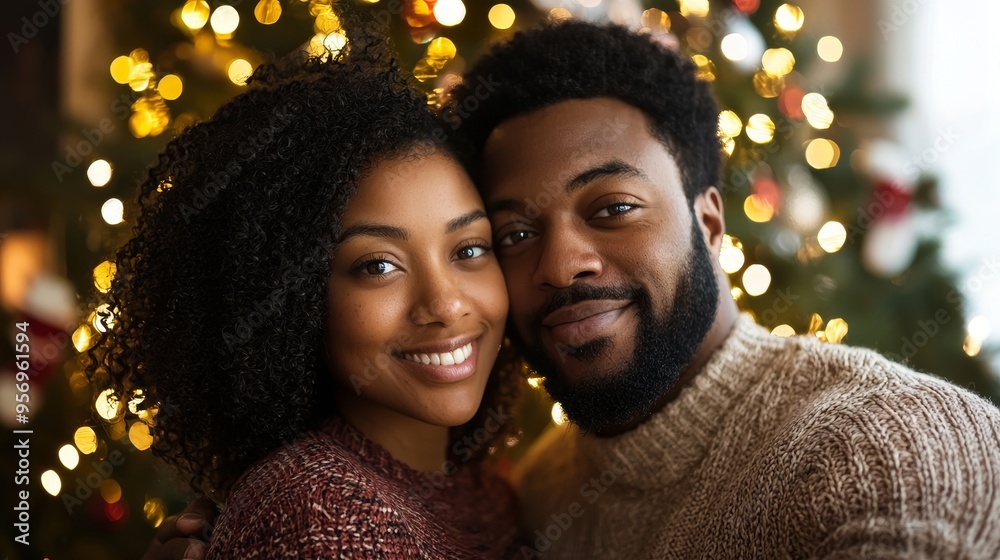 An African American couple taking a selfie with a Christmas tree in the background while celebrating the holidays or new year. An African American couple taking a selfie with a Christmas tree in the background while celebrating the holidays or new year.