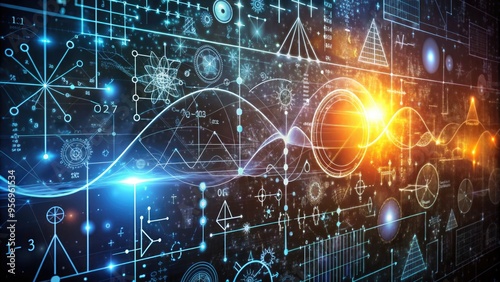 Illustration of complex mathematical concepts, featuring intricate graphs, calculus symbols, and formulas on a dark background, representing the study of differential equations. photo