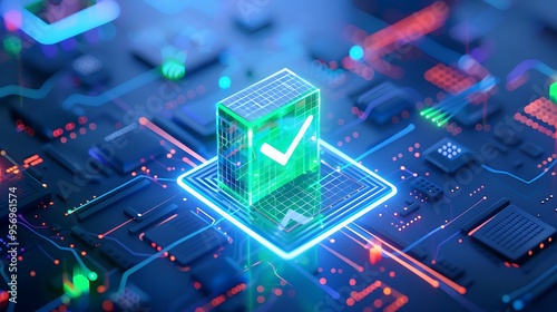 Futuristic digital concept showing a green checkmark on a glowing cube on a circuit board, representing technology, security, and verification.