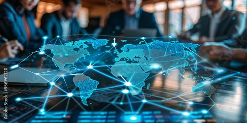 An e-commerce strategy meeting with a digital map showing global sales channels and customer demographics